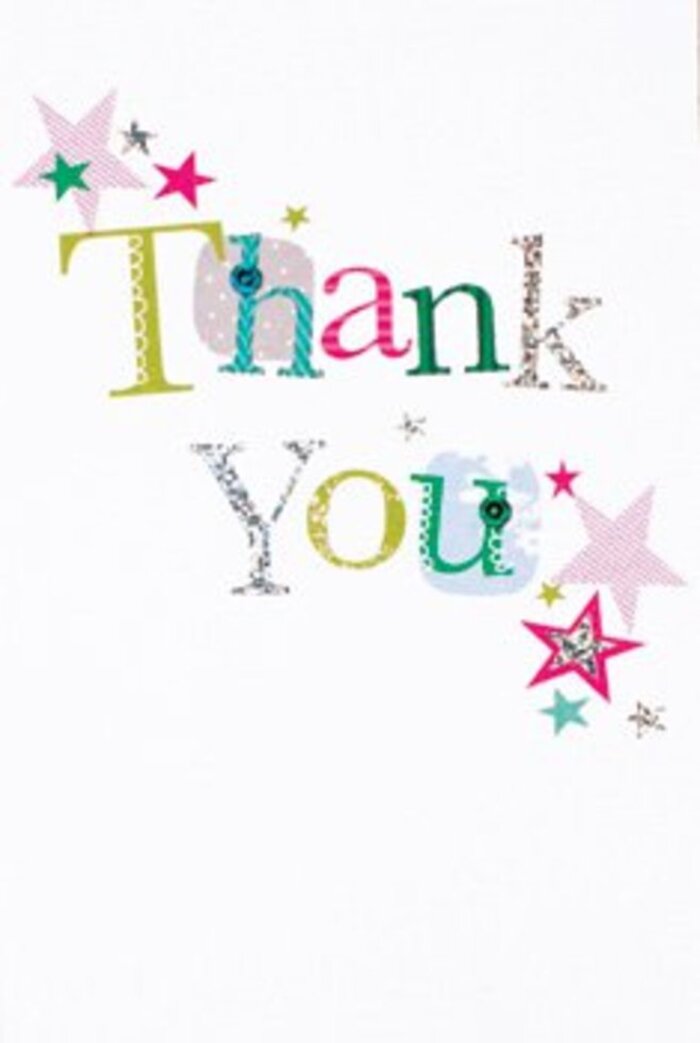 There's a graceful exuberance to this thank you card, admired from the sunlight streaming into our Blackfriars studio. Each letter of the message feels distinct-some playful with spotted patterns and rounded curves, others poised and almost lyrical in shape, united in a cheerful patchwork akin to a city mural. Vivid stars cluster near the sentiment: sparkling pink stripes, turquoise bursts, and silvery glints that lend a celebratory air, as if conferring blessings over every word. The composition holds a sense of modern openness, the expanse of clean white space reminiscent of the openness of Carter Lane mornings, allowing each flourish to shimmer without obstruction. An undercurrent of quiet sophistication steadies the design-not too formal for a quick note of thanks, yet full of artistry and warmth. In the hands of a skilled florist, this card would slip easily beside an artfully arranged bouquet, offering gratitude that's both uplifting as springtime freshness and memorable as a heartfelt gesture from Blackfriars neighbours.