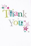 This thank you card seems made to lift the spirit, its gentle cheer echoing the welcome of Blackfriars' community corners. The phrase 'Thank You' is lettered in playful, vivid typography-each character a parade of textures and colours: gleaming silver, sunlit yellow, bold green, and sky blue, some adorned with delicate stitches or scattered dots that evoke a handcrafted touch. Around the sentiment, a constellation of tiny stars in pink, teal, and bright silver floats lightly, reminiscent of the sparkle of festive lights glimpsed over city rooftops. The snowy white background provides a sense of peace and order, letting each colourful note shine clearly, while the arrangement feels airy and never too crowded. The card radiates genuine gratitude-a drizzle of whimsy married with unmistakable warmth-that would feel at home with a lovingly prepared bouquet from a Blackfriars Florist, perfect to say thank you to a friend, neighbour, or cherished colleague. It's a tactile little moment of joy, as sincere as a smile exchanged across the ward.